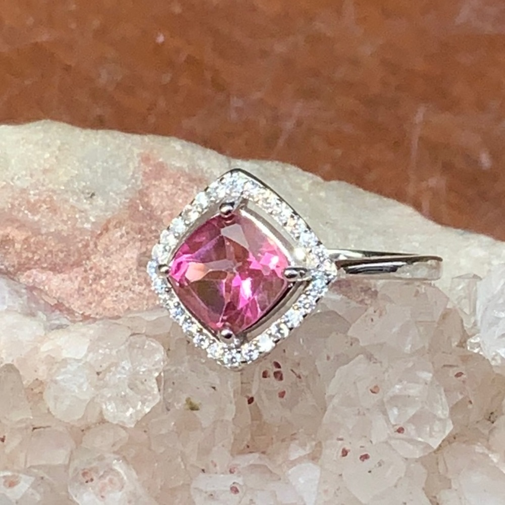 PINK TOPAZ & CZ 925 STERLING SILVER RING, SIZE 6.75